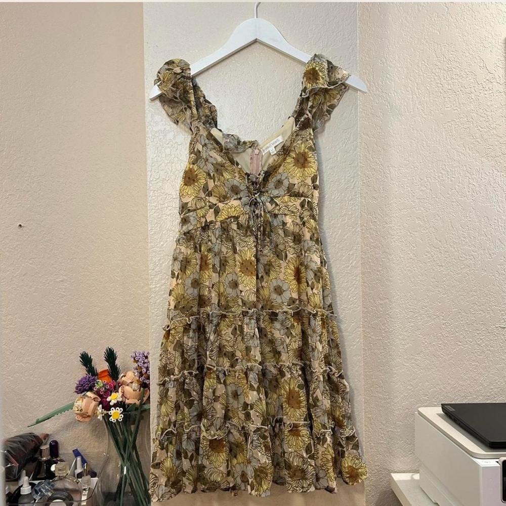 Sunflower Floral Ruffle Sleeve Dress